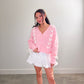 white skirt, white skort, white mini skort, white lace mini skort, pink and white cardigan, pink and white bow cardigan, pink and white bow sweater, 